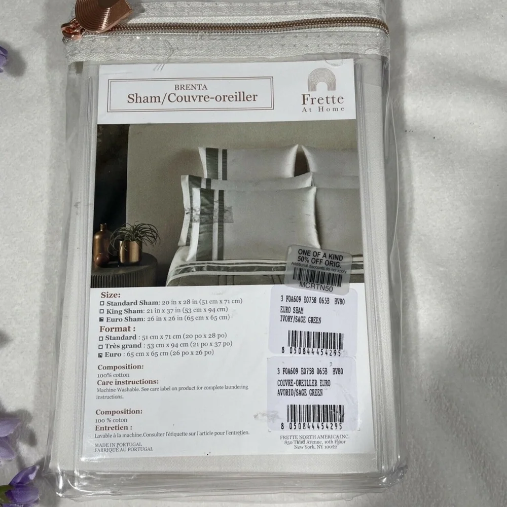 NIB [ 1 Euro ] Pillow Sham for Frette At Home Brenta in Ivory‎ / Sage Green